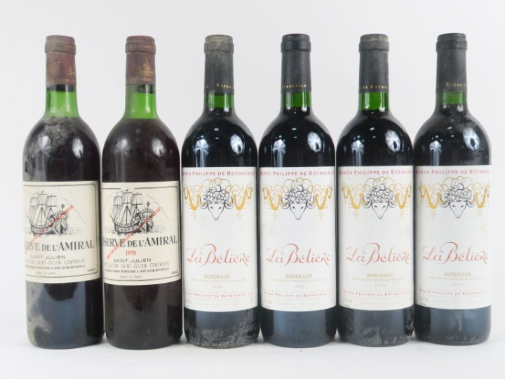 6 BOUTEILLES : 4 LA BELIERE BORDEAUX 1996 - 2 RESERVE DE L'AMIRAL 1978