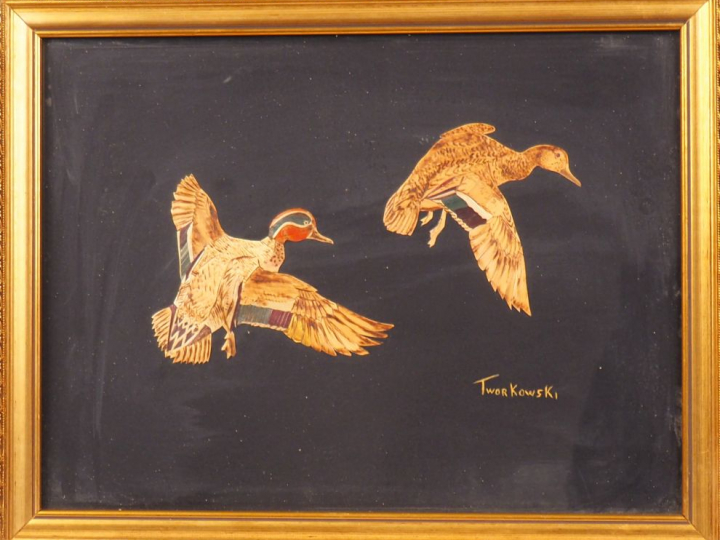 TWORKOWSKI. Lot de 2 tableaux figurant des canards  on y joint un enca
