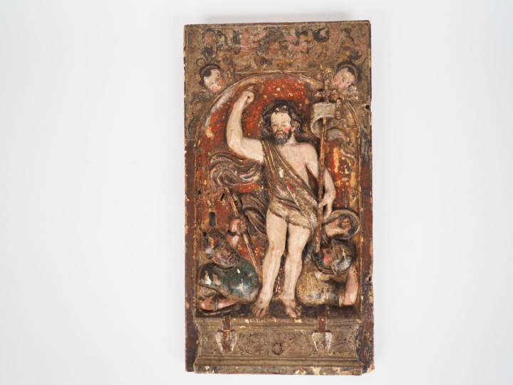 Porte de tabernacle XVIIIème en bois polychrome "Saint Jean Baptiste e