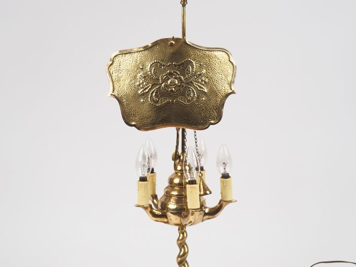 Lampe à réflecteur XIXème en bronze et laiton éclairant à cinq lumière