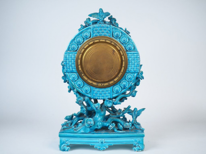 J. VIEILLARD à Bordeaux.  Pendule de cheminée en céramique bleu turquo