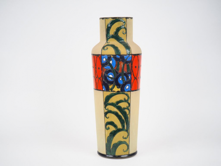 Grand vase rouleau Art Déco en verre émaillé, à décor polychrome, de f