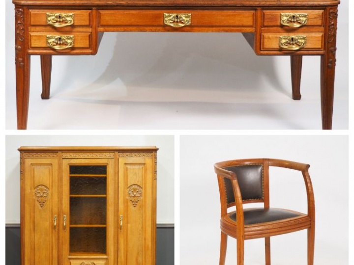 Cabinet de travail Art Nouveau en chêne sculpté à décor de houx, très 