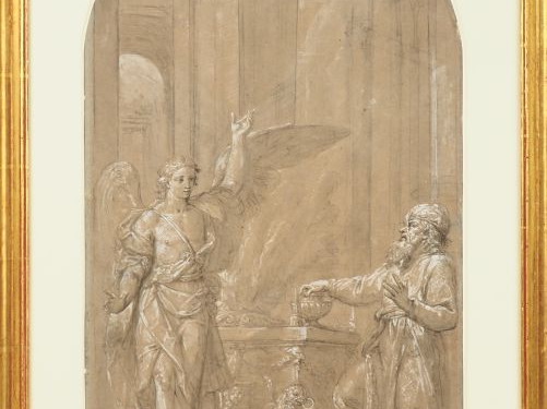 Ecole française XVIIème. "L'apparation de l'archange". Dessin rehaussé