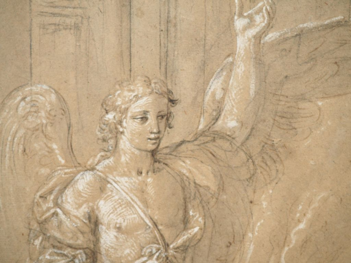 Ecole française XVIIème. "L'apparation de l'archange". Dessin rehaussé