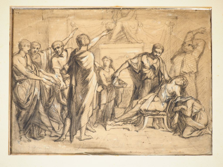 Ecole française Néoclassique. "La mort de Lucrèce". Dessin, porte une 