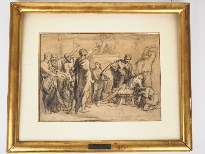 Ecole française Néoclassique. "La mort de Lucrèce". Dessin, porte une 