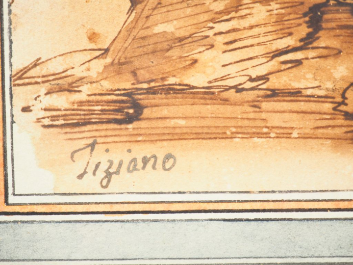 Ecole française ou italienne  XIXème. "Paysage". Dessin signé "Tiziano