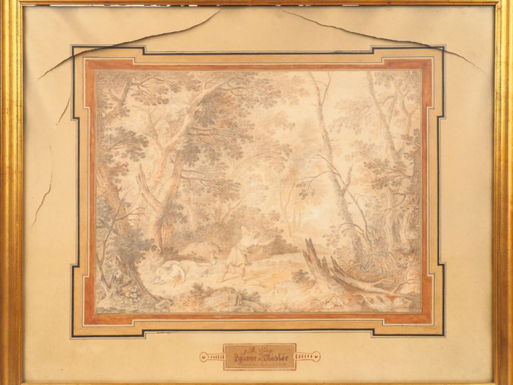 Jean-Baptiste GIRY. "Pyrame et Thisbée". Dessin signé et titré dans un