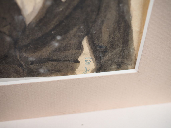 Ecole française XIXème. "Portrait de jeune homme au foulard". Aquarell