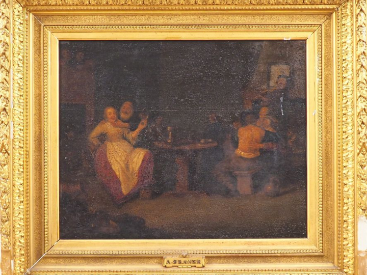 Dans le goût de MOLENAER. "Scène d'auberge" Panneau de chêne parqueté 