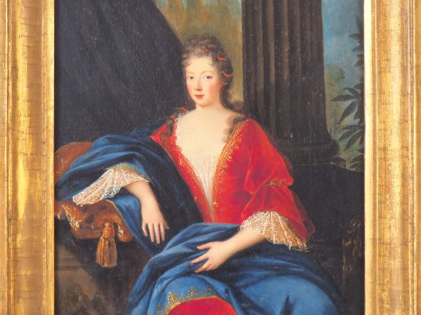 Ecole française vers 1690. "Portrait de dame assise le coude appuyé su