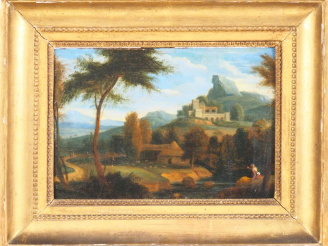 Vente aux enchères Ecole française ou italienne XIXème. "Paysage animé". Huile sur pannea
