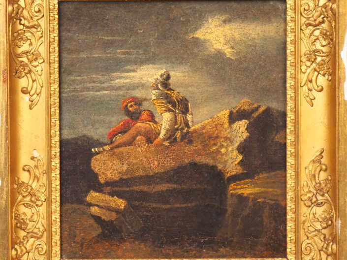 Salvator ROSA (d'après). "Discussion sur un rocher". Huile sur toile. 