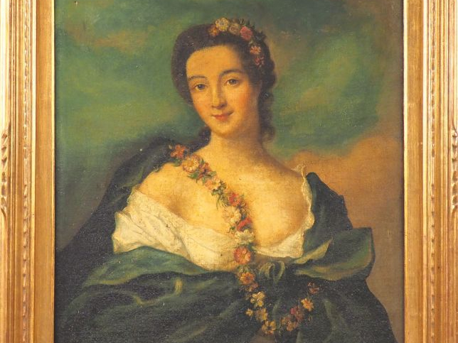 Ecole française XVIIIème. "Portrait de femme à la couronne et à la gui