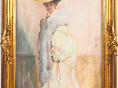 Marius  AVY. "Elégante à l'ombrelle". Huile sur toile, signée en bas à