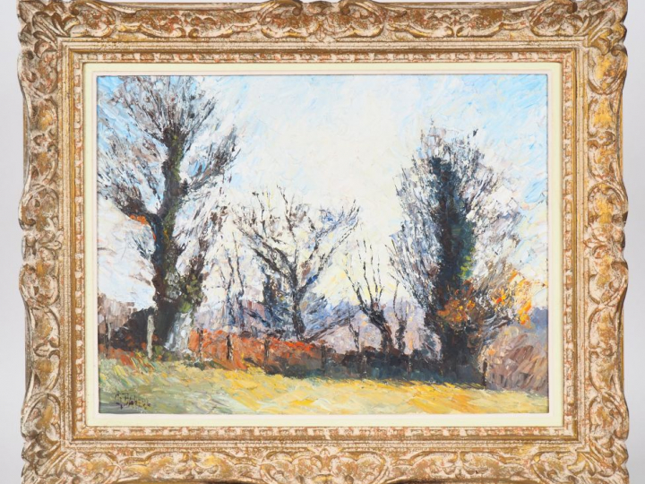 BAHEUX. "Paysage d'automne". Huile sur isorel signée en bas à gauche. 