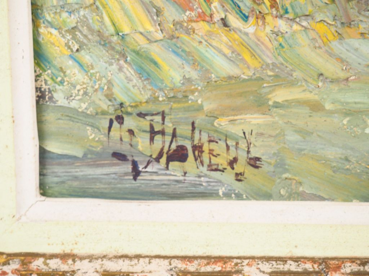 BAHEUX. "Paysage d'automne". Huile sur isorel signée en bas à gauche. 