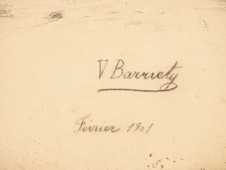 BARRIETY. "Jument et sa pouliche". Dessin signé en bas à droite et dat