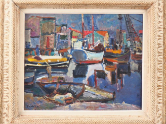 Vente aux enchères André BLONDEL. "Le port". Huile sur carton signée en bas à gauche et d