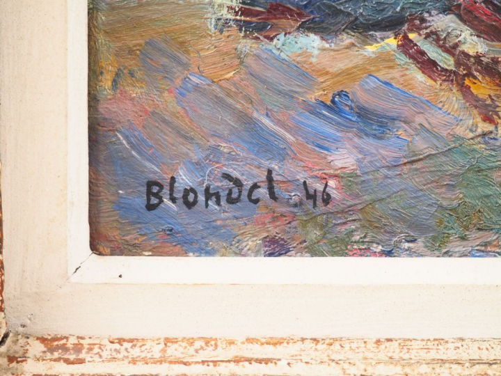 André BLONDEL. "Le port". Huile sur carton signée en bas à gauche et d