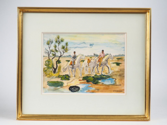 Vente aux enchères Yves BRAYER. "Guardians en Camargue". Aquarelle signée en bas à droite