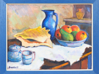 Vente aux enchères Michel BREITHOFF. "Nature morte aux fruits et au pichet bleu". Huile s