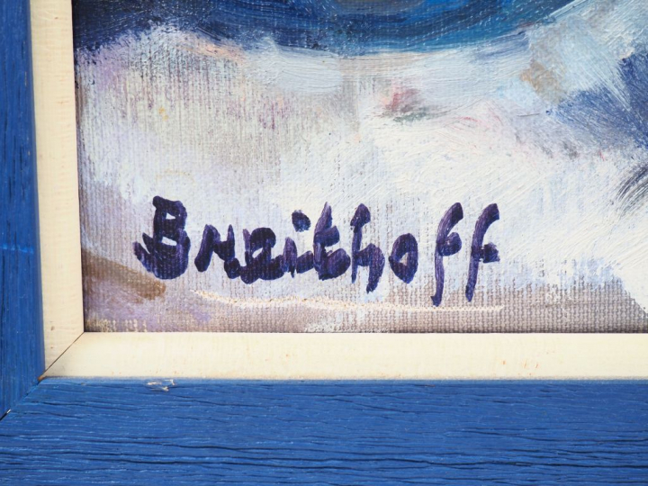 Michel BREITHOFF. "Nature morte aux fruits et au pichet bleu". Huile s