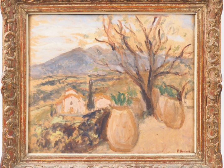 Pierre BRUNE. "Paysage des Pyrénées orientales". Huile sur carton sign