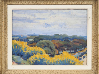 Vente aux enchères P. CARCASSONNE. "Paysage". Huile sur isorel signée en bas à gauche. Di