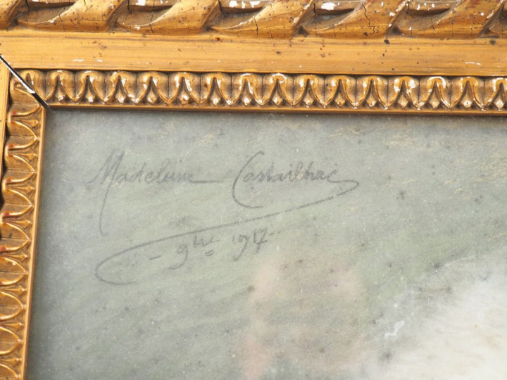 Madeleine CARTAILHAC. "Portrait de dame à la robe rose". Pastel sur to