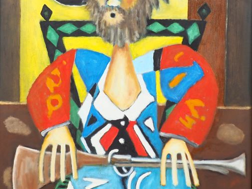 Roland CHANCO. "L'homme au tromblon". Huile sur toile, signée en bas à