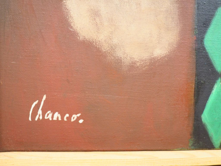 Roland CHANCO. "L'homme au tromblon". Huile sur toile, signée en bas à