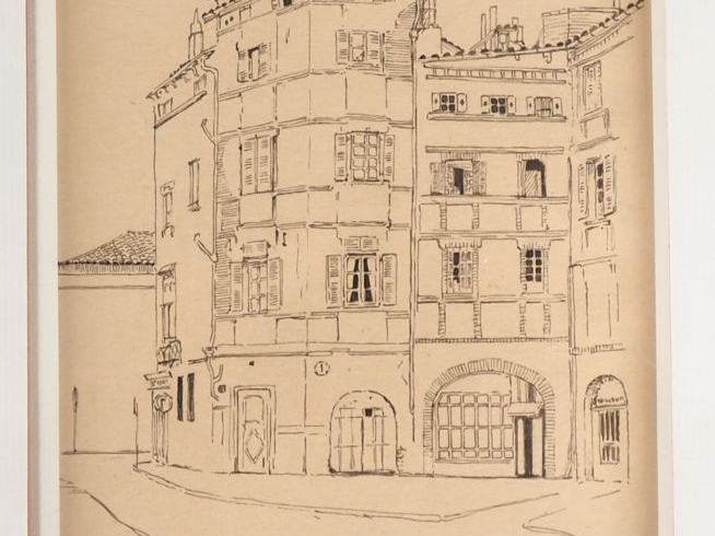 D. COLLARD. "Rue Henri de Gorsse à Toulouse". Dessin à la plume monogr