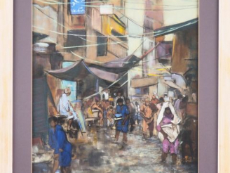 Vente aux enchères A. CUNNOC. "Bazar de Lahore au Pakistan". Pastel signé en bas à droite