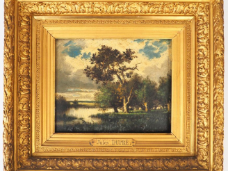 Vente aux enchères Jules DUPRE. "Paysage lacustre". Huile sur cuivre signée en bas à droi