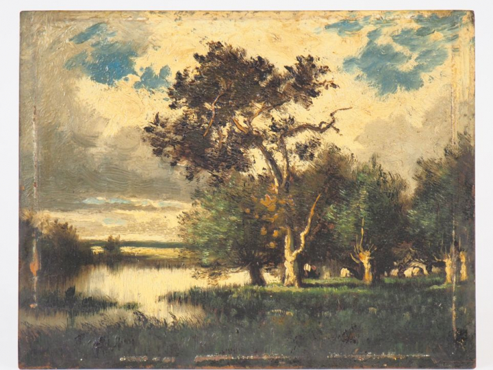 Jules DUPRE. "Paysage lacustre". Huile sur cuivre signée en bas à droi