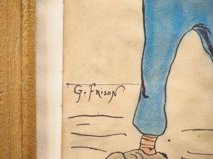 Gustave FRISON. "Caricature". Aquarelle signée en bas à gauche, accomp