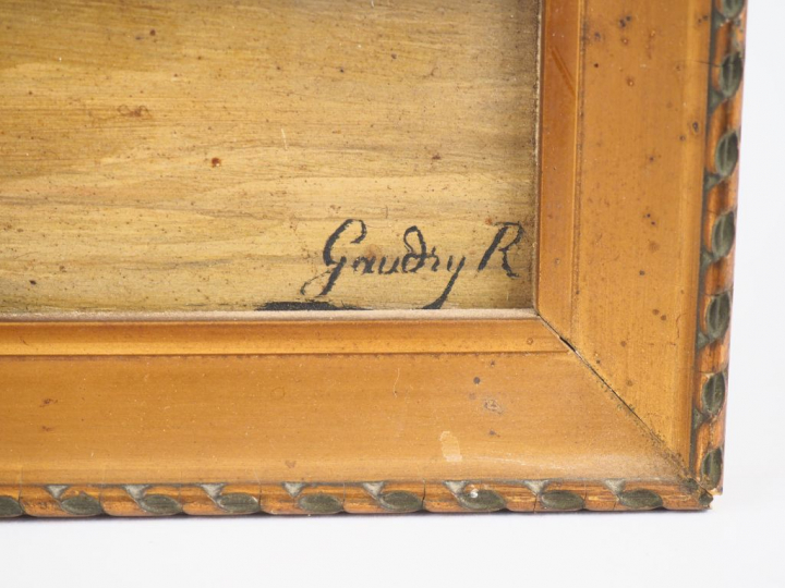 R. GAUDRY. "Le rivage". Huile sur carton signée en bas à droite. Dim. 