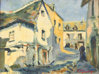 Vente aux enchères R. GAUDRY. "Ruelle animée". Huile sur toile, signée en bas à droite et