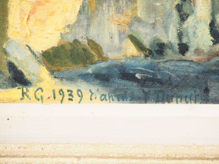 R. GAUDRY. "Ruelle animée". Huile sur toile, signée en bas à droite et