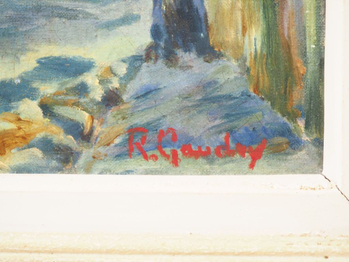 R. GAUDRY. "Ruelle animée". Huile sur toile, signée en bas à droite et