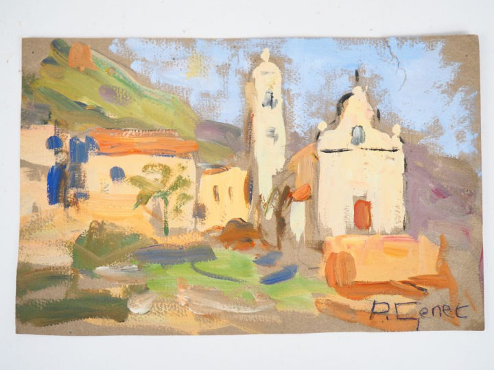 P. GENET. "Eglise de campagne" et "Village au bord de l'eau". 2 différ