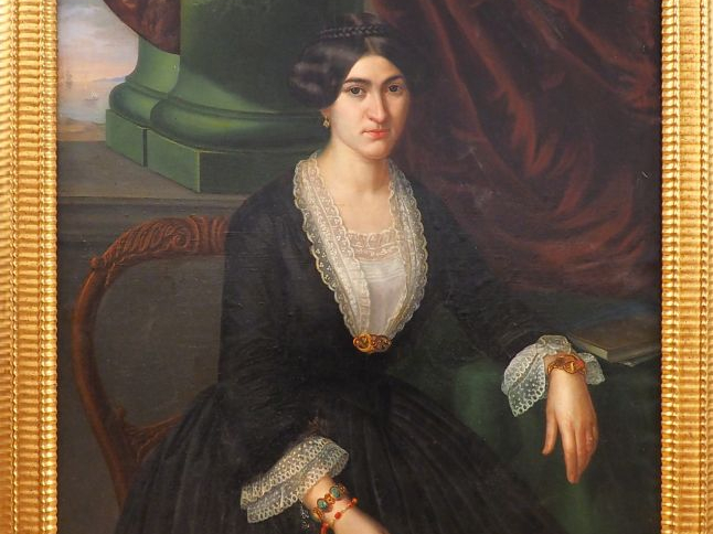 Jules JAMMES. "Portrait d'élégante à l'éventail". Huile sur toile, sig