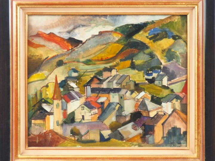 René IZAURE. "Village près de Sem près de Vicdessos". Huile sur toile,