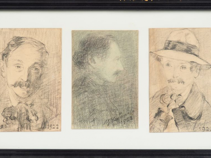 M. LAFAURIE. "Portraits d'homme". 3 dessins au crayon dans un même enc