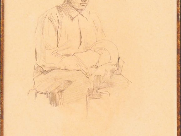 Jean-Pierre LAURENS. "Le domestique". Dessin au crayon, cachet d'ateli