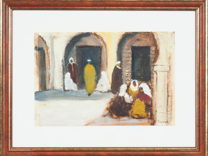 LIONNET. "Le souk". Paire d'huiles sur papier signées en bas à droite.