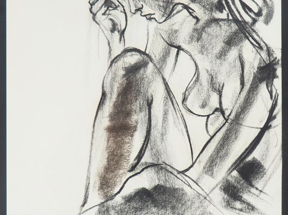 Maurice MELAT. "Jeune fille accroupie". Dessin signé en bas à gauche e