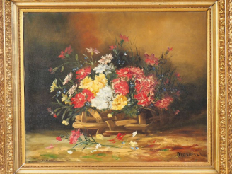 Vente aux enchères MOREAU. "Le panier de fleurs". Huile sur toile signée en bas à droite.